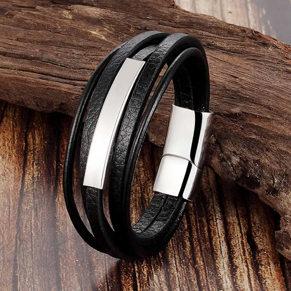 Trendy Men Jewelry Popular Black Color Genuine Leather Bracelet Multi-layer Design Charm Cuff Bangle For Handsome Boy Gift