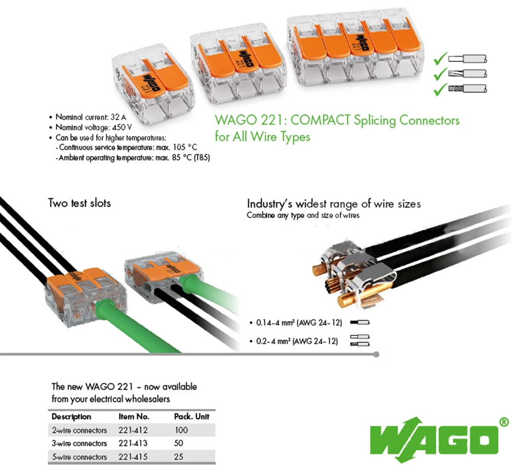Wago 221 Electrical Lever Connector Terminal Block 221-412 221-413 221-415 