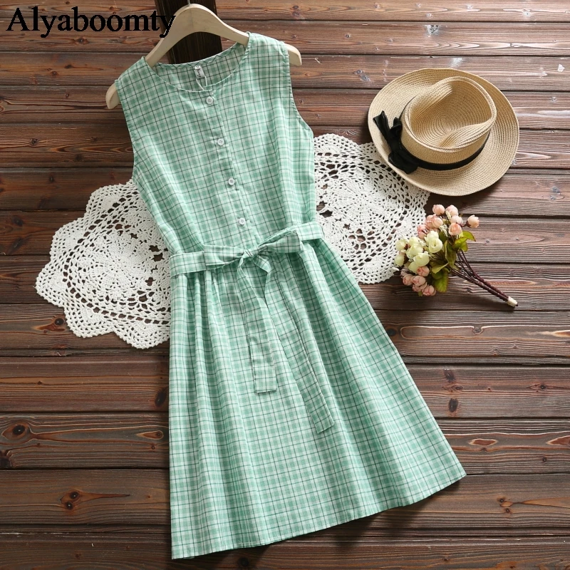 

Japanese Mori Girl Summer Women Fresh Sundress Green Plaid Sleeveless Cute Sweet Dress Elegant Sashes Kawaii Preppy Style Dress