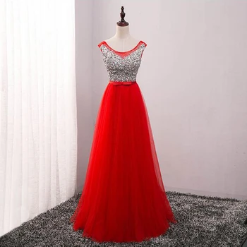 

Real Photo vestido de noiva O Neck Tulle red off shoulder Full Sequined Beads Bow Evening Gown prom dresses Robe De Soiree 2019