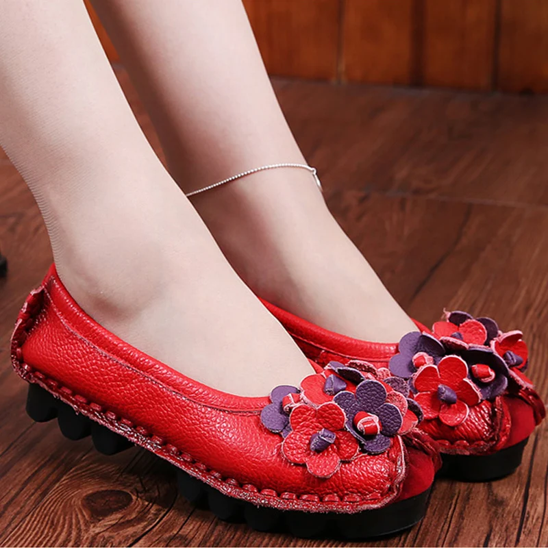 

Shoes women flats genuine leather slip-on sewing synthetic round toe flower mixed color ethnic woven breathe female shoes