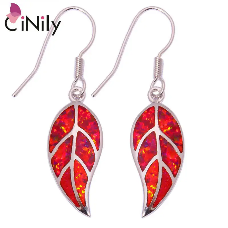 

CiNily Red & Orange & Blue & White & Green Fire Opal Stone Dangle Earrings Silver Plated Leaf Drop Earring BOHO Summer Jewelry