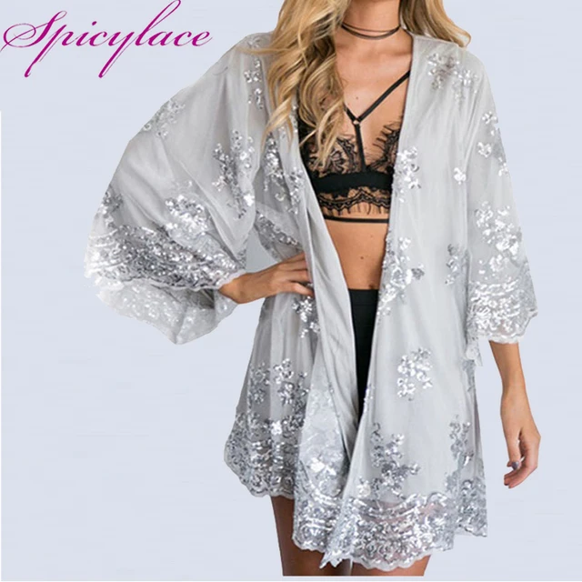 Spicylace Women Sexy Vintage Boho Lace Kimono Cardigan Plus Size Silver