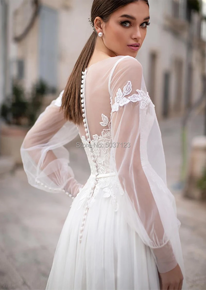 US $84.00 Boho Wedding Dresses 2021 Lace Appliques Puff Long Sleeves Wedding Gowns Button Backless Floor Length Vestido De Noiva For Bride