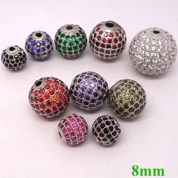 

8mm Round Ball Micro Pave Zircon CZ European Charms Rhodium Plated Multi-color Big Hole Spacer Beads DIY Findings Making Bulk