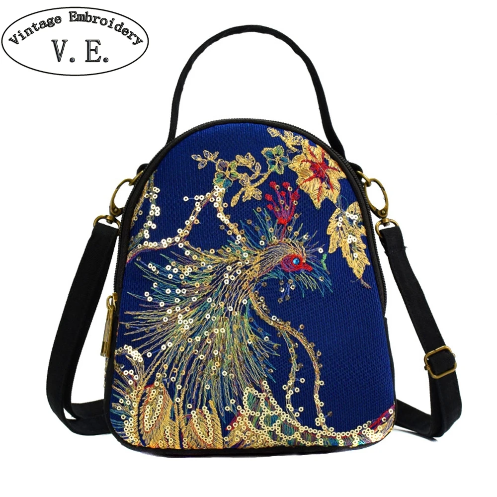 

New Sequins Peacock Embroidery Bag Fashion Ethnic Small Canvas Shoulder Messenger Bags Three Zipper Mobile Phone Crossbody Bag