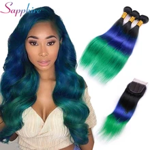 Sapphire Hair Brazilian Straight Hair 3 Bundles Ombre Human Hair Weave With 4*4 Lace Closure 100% Remy Hair TB/Blue/Green