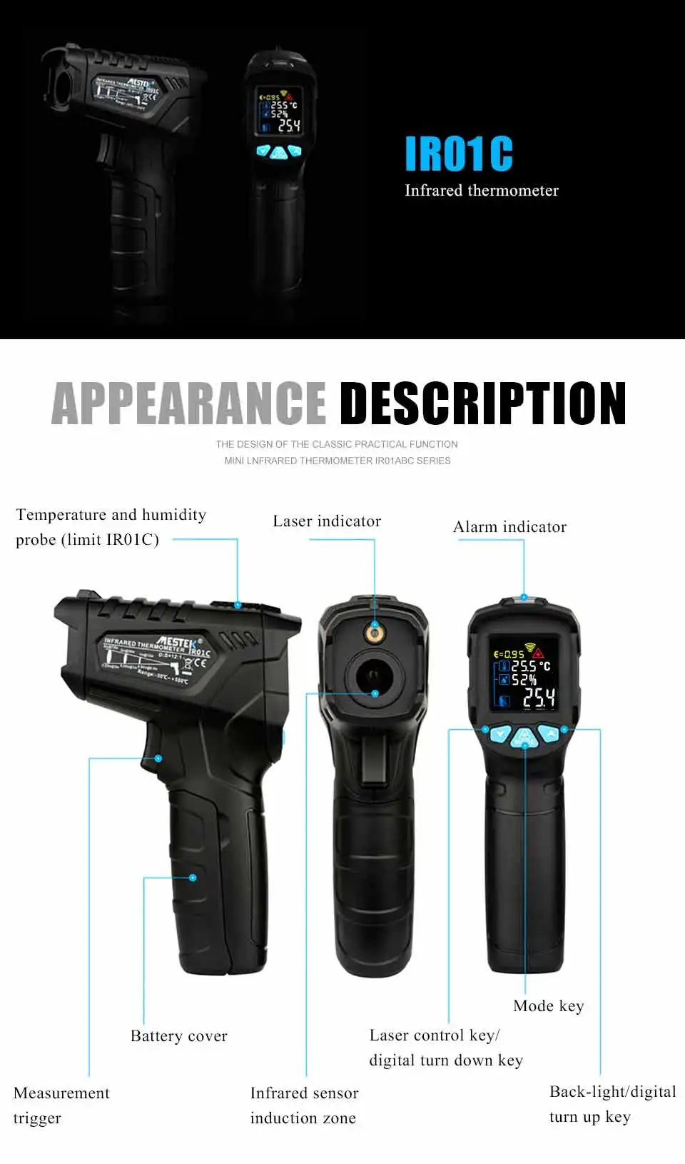 MESTEK IR01C цифровой термометр для измерения влажности инфракрасный термометр гигрометр Измеритель температуры и влажности пирометр