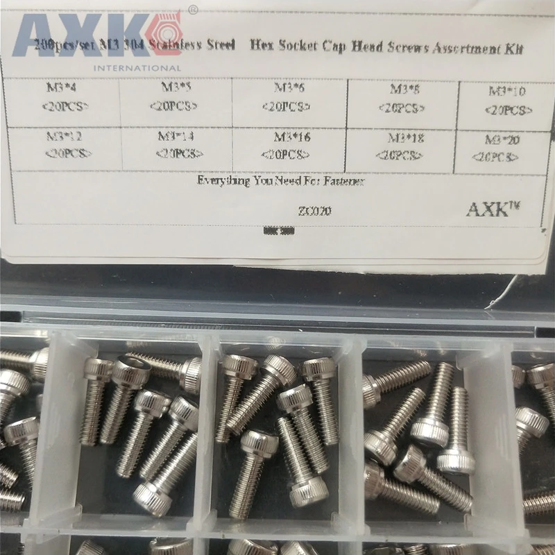

AXK 200pcs/set M3 304 Stainless Steel Hex Socket Cap Head Screws Assortment Kit Fastener With Box ZC020