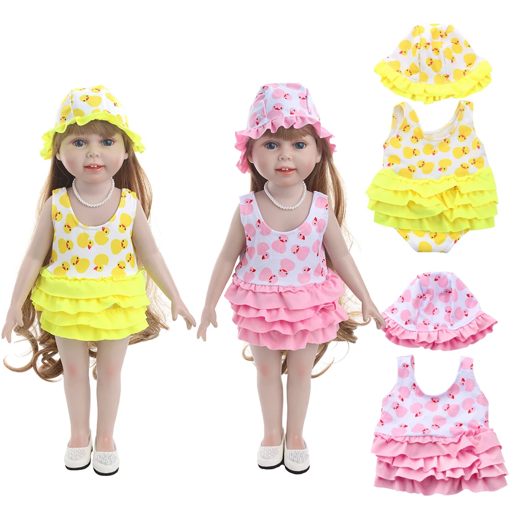 

Dolls clothes American cute duckling swimsuit + hat casual suit Dress accessories fit 18 inch Girl and 43 cm baby c751