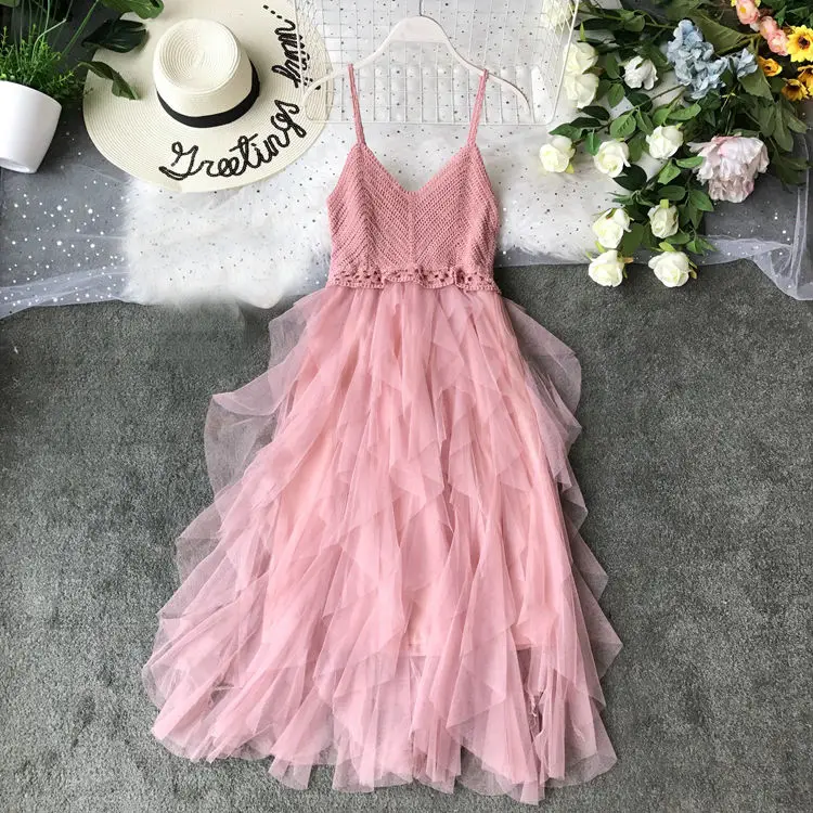

Summer Knitted Stitching Ruffle Gauze Patchwork Mid-calf Dress Beach Sexy Suspender Brassiere Mesh Dresses