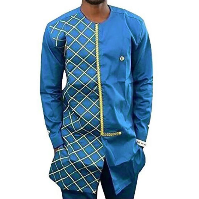 В африканском стиле модная мужская рубашка и пуговицы с круглым вырезом и длинными рукавами длинная рубашка Для мужчин плед печати