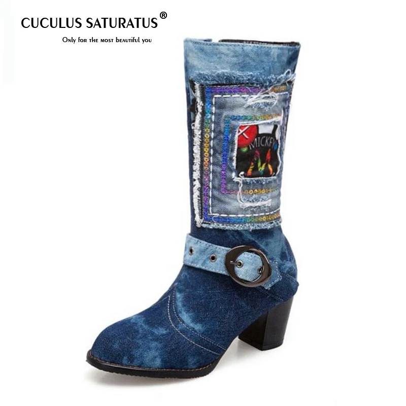 

Cuculus Plus Size 34-43 New Fashion Woman Boots Square High Heels Winter Shoes Women Denim Mid Calf Boots Woman Party Shoes 1210