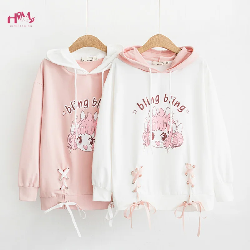 Koop Kawaii Oor Vrouwen Hooded Hoodies 2019 Lente Lange Mouw Mooie Roze Lolita Leuke Meisjes Lace Up Cross Sweatshirt Vrouwelijke Truien