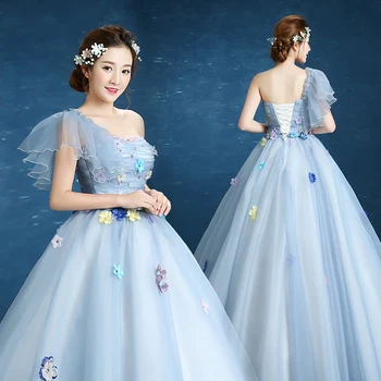 

Baby Blue Prom Dresses Long Tulle One Shoulder Graduation Gowns 2019 Ball Gown Appliqued Formal Evening Gown vestido de festa