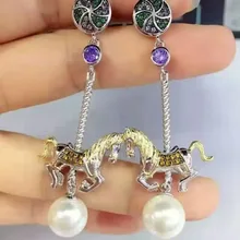 YP154 925 пробы сережки-гвоздики с жемчугом, карусель, лошадь, подвижная лошадь, животное, сережки-гвоздики, женские свадебные ювелирные изделия