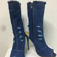 Реальное изображение; коллекция года; сезон весна-осень; женские ботинки; синие джинсовые ботинки; ботильоны на высоком каблуке; Женская пикантная обувь с открытым носком; женские полусапожки