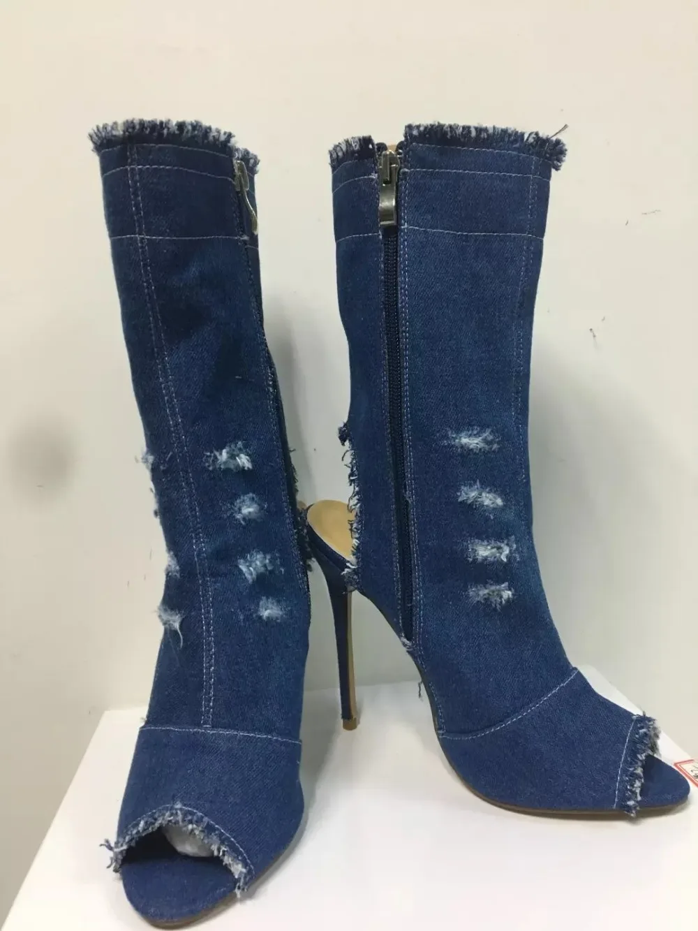 real picture 2017 spring autumn ladies boots blue denim boots high heels ankle boots women sexy peep toe shoes women short boots