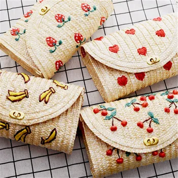 

Fruit Cherry Banana Straw Beach Bag for Women Messenger Bags Embroidery Design Summer Cute Flap Chain Shoulder Bag