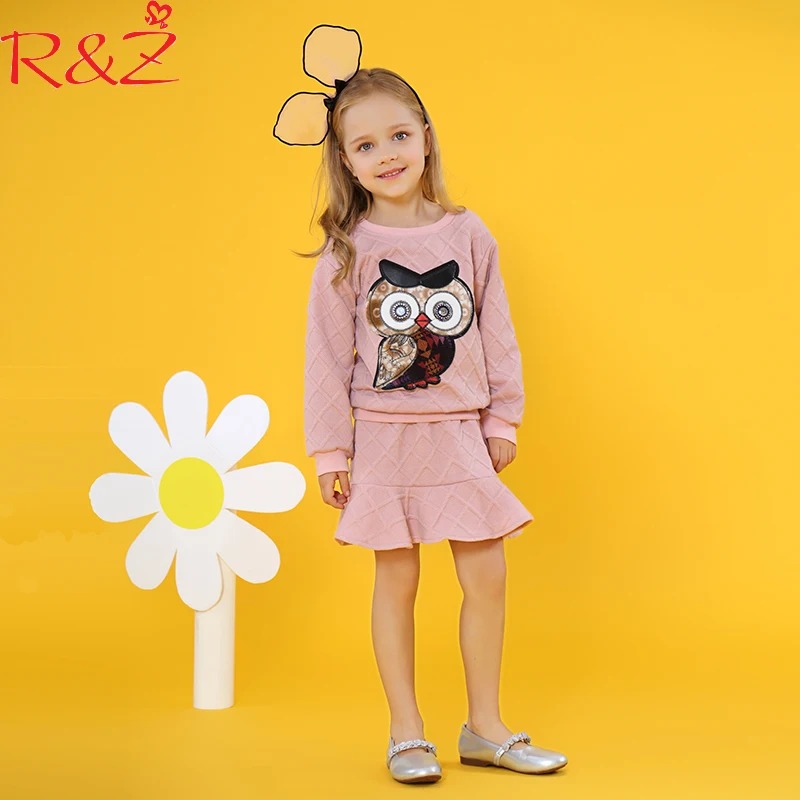 

R&Z Baby Girls Clothes Set 2018 Spring Cotton Longsleeve Cartoon Owl Solid Tops+skirts 2pcs Suits for Kids Children's Clothes 1