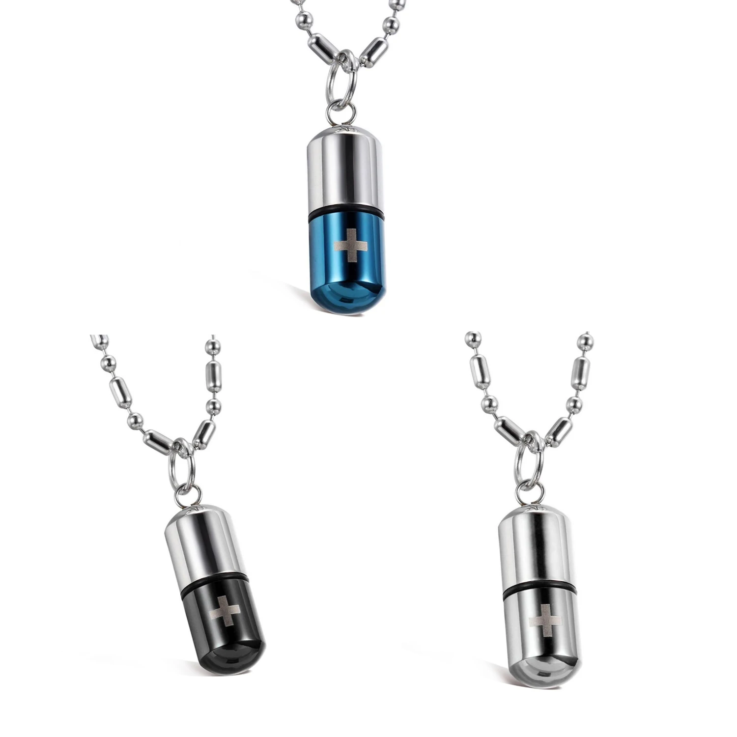 Fashion Pill Case Capsule Pendant Necklace Stainless Steel Mens