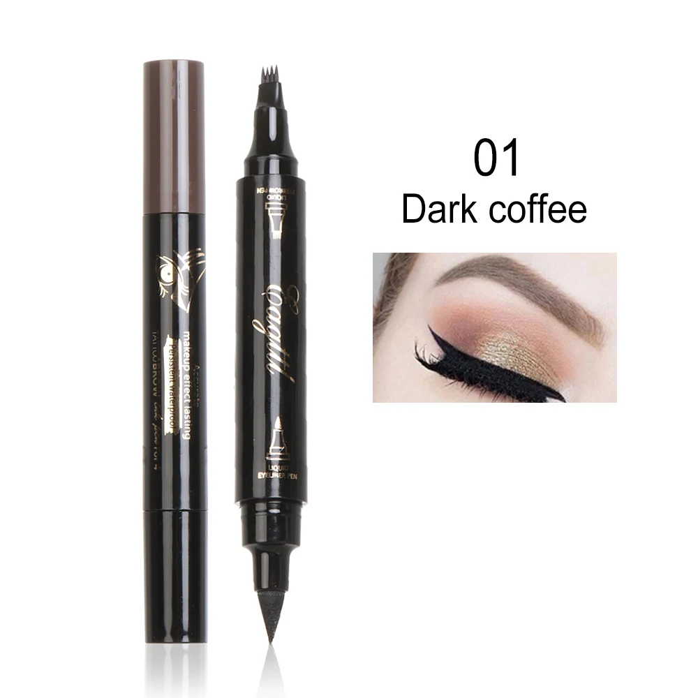 2 в 1, жидкая ручка для бровей, подводка для глаз, двойная головка, вилка, кончик, водостойкая татуировка, карандаш для бровей, макияж глаз, кофе/черный/коричневый цвет - Цвет: dark coffee