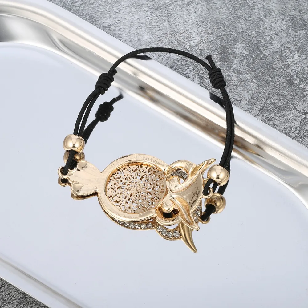 Золотые браслеты с подвесками в виде совы для женщин, черный удлиненный регулируемый браслет из веревки, полые узоры, модные ювелирные изделия в виде животных, подарок для любви