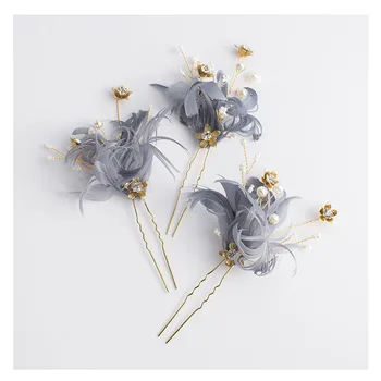 

3pcs Grey Feather Bowknot Hair Clips Crystal Stone Wedding Party Rhinestone Headdress Bridal Pageant Hair Accessories Hair Pins