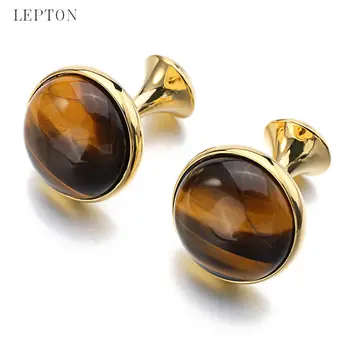 

Low-key Luxury Tiger-eye Stone Cufflinks for Mens Gold Color Plated Lepton High Quality Brand Round Stone Cuff links Best Gift