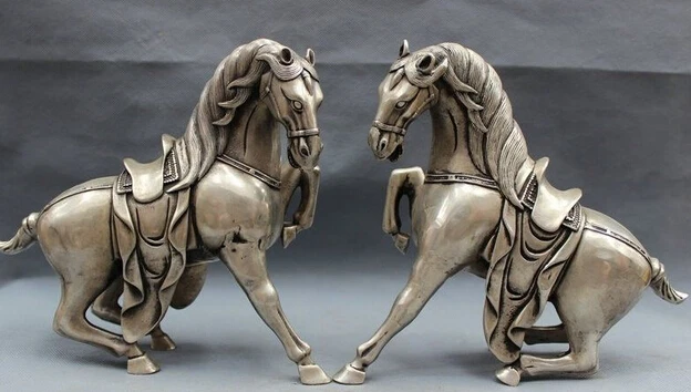 

decoration bronze factory outlets Tibet Silver 9" Chinese Silver Folk Wealth FengShui Tang Horse Gee Statue Brass Animals Pair