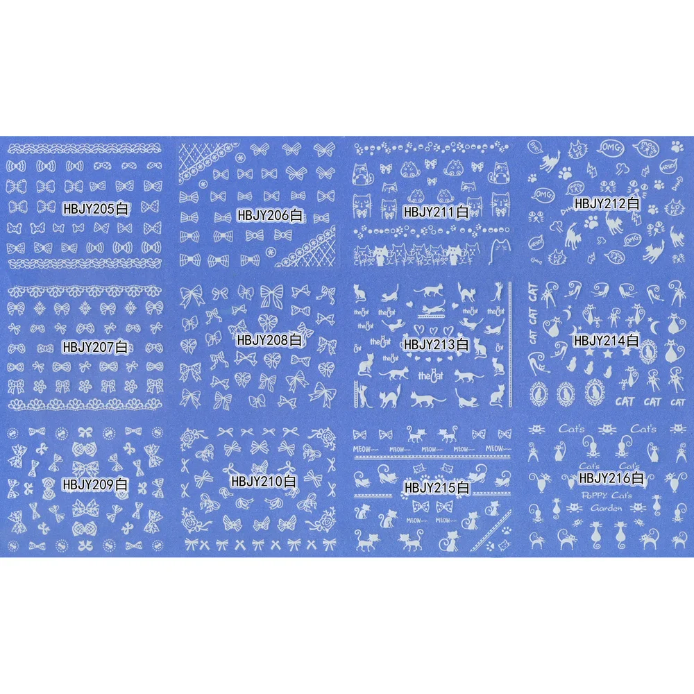 

12 SHEETS NAIL ART 3D SELF ADHESIVE GOLD SILVER BLACK WHITE STICKER DECAL SLIDER CAT BOW TIE LACE PAW CLAW HBJY205-216