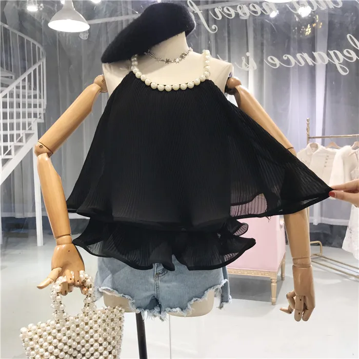 Amolapha Женская оборками Soild с бисерными бретельками модная шифоновая блузка жилет Блузка Топы