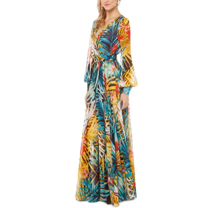 

Women Bohemian Bubble Puff Sleeves Maxi Long Dress Sexy V-Neck Colorful Tropical Leaves Printed Chiffon Tie Waist Beach Sundress