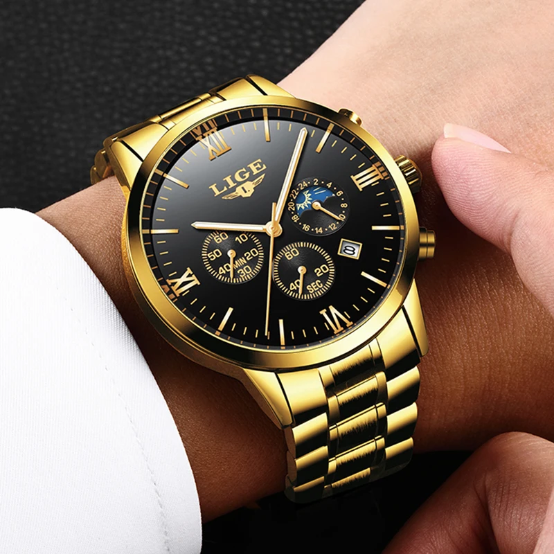 

Relogio Masculino LIGE Fashion Mens Watches Top Brand Luxury Quartz Watch Men Luxury Business Gold Watch Waterproof Sport Clock