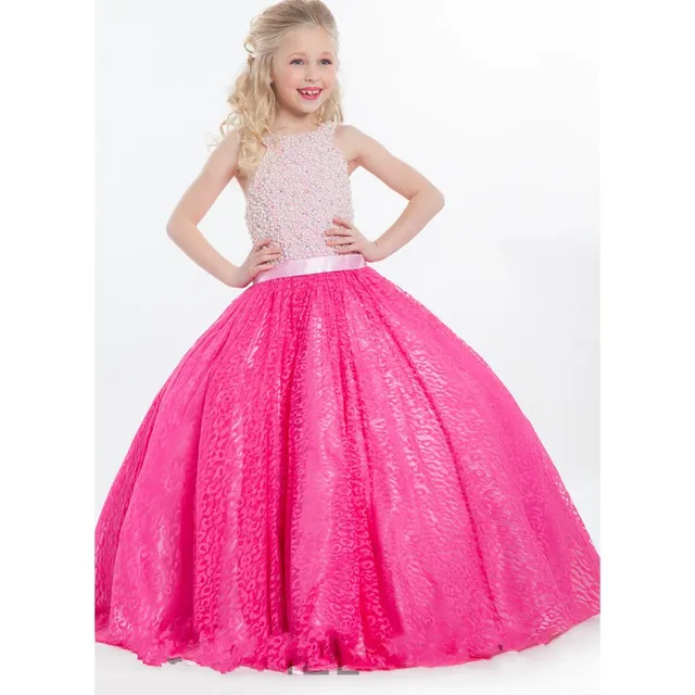 Luxury Fuchsia Flower Girl Dresses Ball Gown 2015 Pearls Beading Top