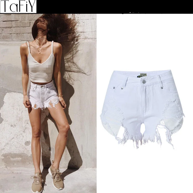 TaFiY женские джинсовые модные белые рваные джинсовые шорты с кисточками ассиметричный, с высокой талией джинсы короткие летние женские рваные джинсовые шорты