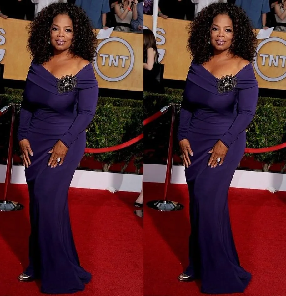 2016 Elegant Long Sleeve Purple Celebrity Evening Dresses Sweep Train Brooch Designer Long Red Carpet Pageant Evening Gown