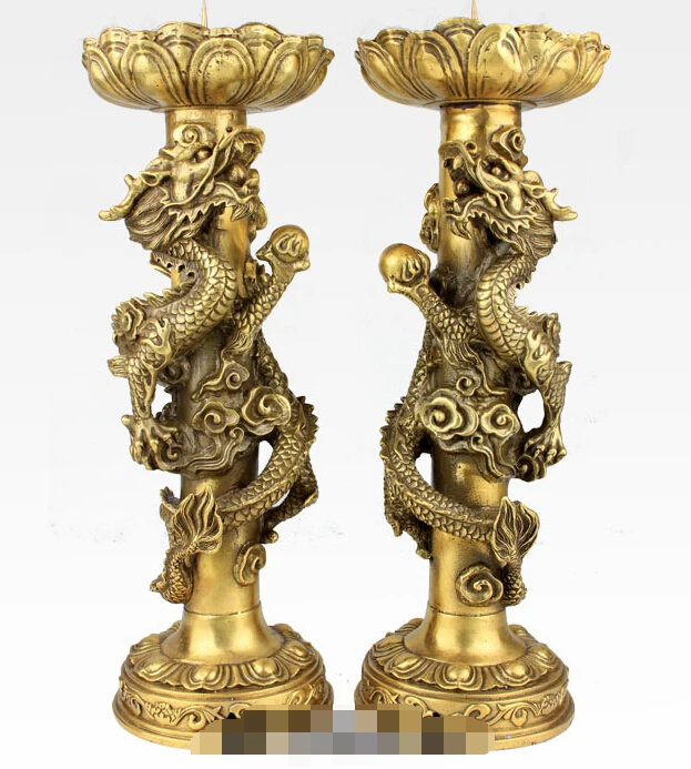 

15'' China Bronze Feng Shui A pair Double Dragon Candlestick Statue R0713