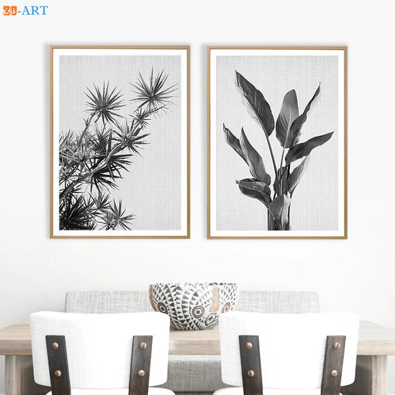 

Modern Green Black and White Tropical Plant Leaves Canvas Wall Art Large Print Poster for Living Room Home Decor Framed