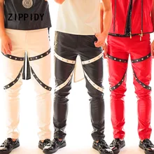 Стиль 3 цвета серебристые заклепки дизайн кожа ткань Мужские штаны певец из ночного клуба Dj сценический костюм для шоу брюки в стиле панк