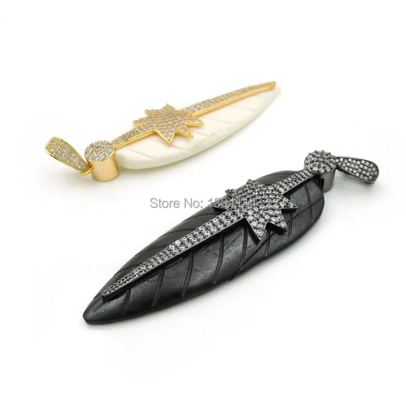 

Micro Pave Clear CZ Ox Bone Carved Leaf Pendant Of Gluing Octagon Petiole Cap Approx 80*25*8mm