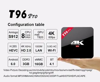 

20pcs/lot dhl free T96 PRO 3GB +16GB TV Box Amlogic S912 Android 6.0 Dual Band WiFi Bluetooth H.265