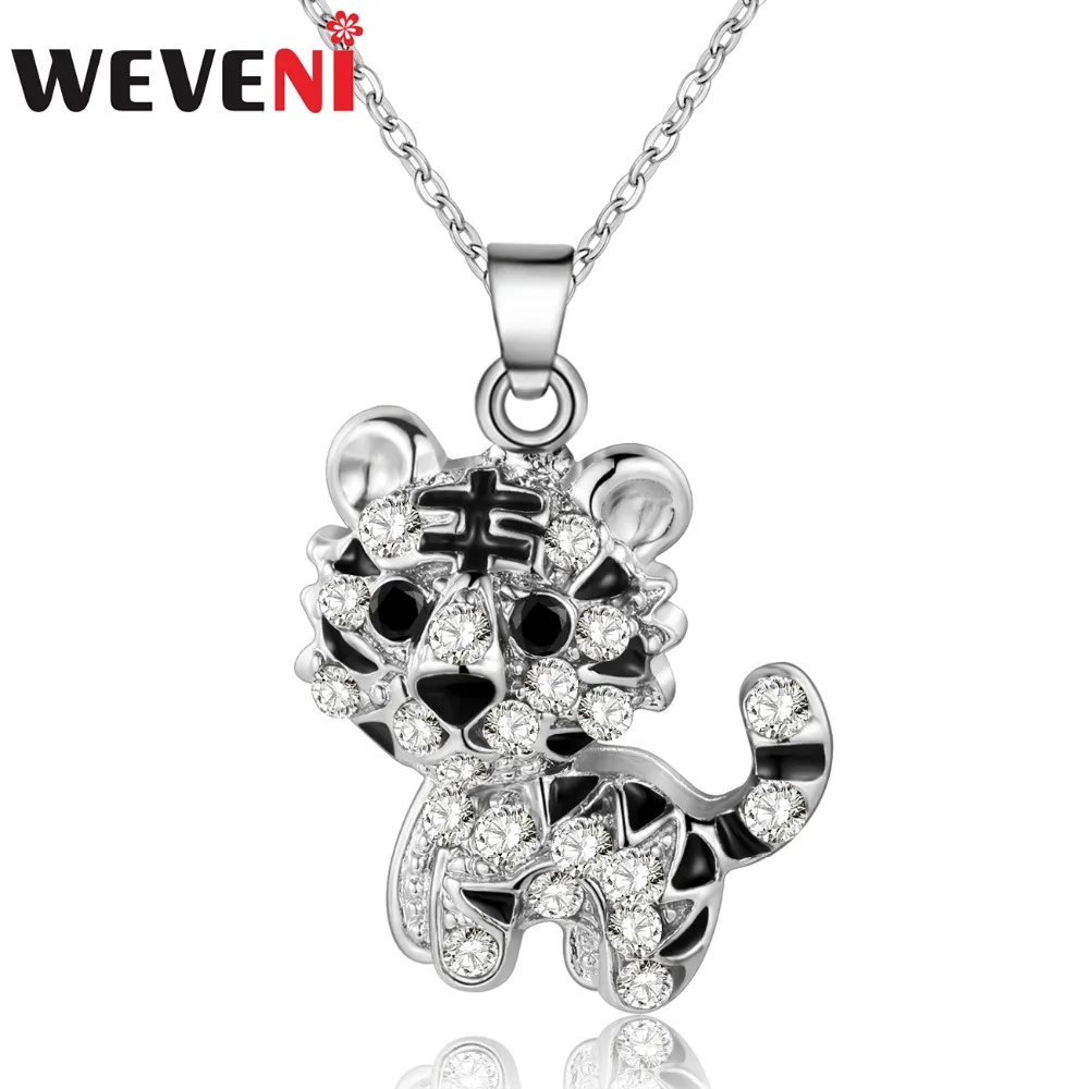 WEVENI Alloy Rhinestone Lovely Tiger Necklace Crystal Pendant Chain