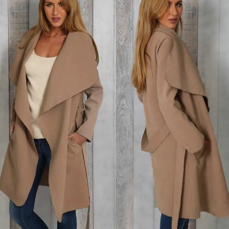 

Long Trench Coat For Women Autumn Winter Fashion Turndown Collar Loose Outwear Solid Overcoat Female Womens Windbreakers MYF07