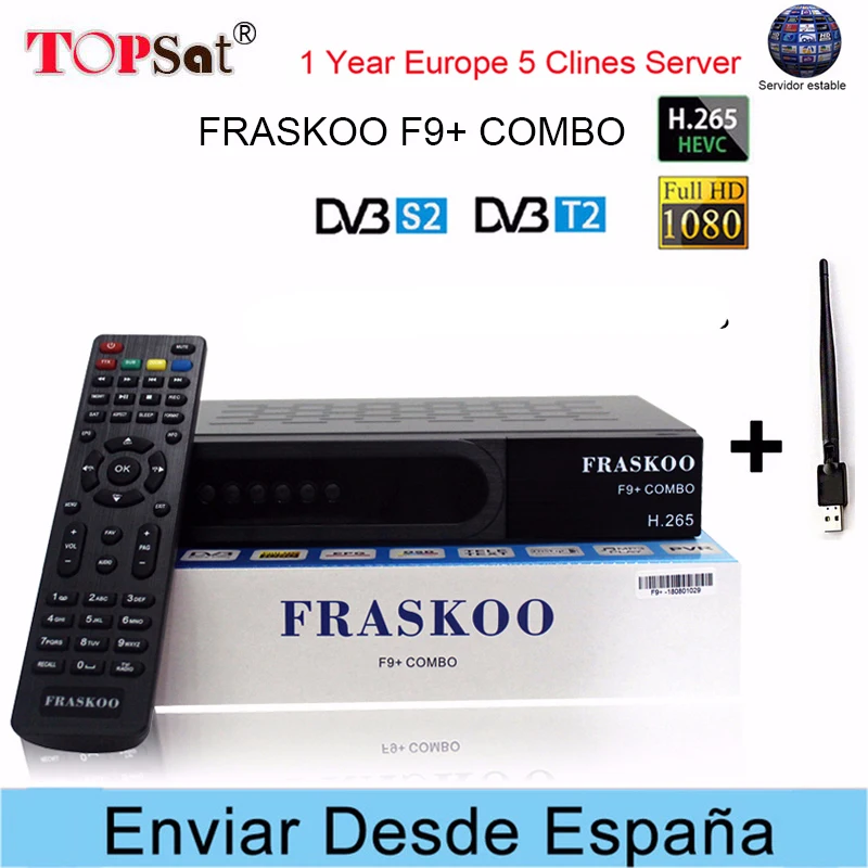 

FRASKOO F9+ COMBO DVB-S2/T2 HD Satellite TV Receiver +USB WIFI Europe Clines for 1 Year Spain H.265 decoder