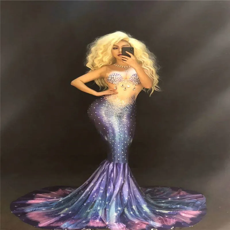 D22 Strass hip mermaid tail jurk sexy stage dance kostuums party prestaties toon draagt kleden lange rok shell outfit club