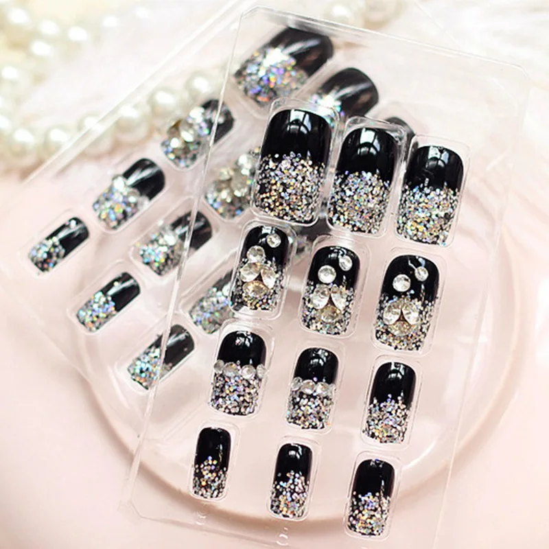 24 шт Искусственный Ongles ногти расширения с горный хрусталь черный Сияющий бриллиант советы для ногтей дизайн накладных ногтей высокое качество