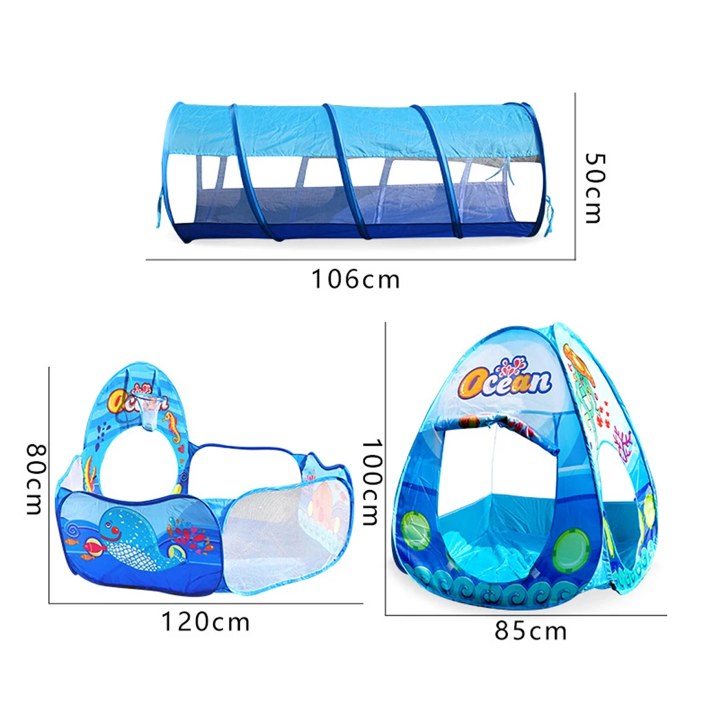 Kids 3-in-1 Blue Sea Themed Playhouse Tunnel Ball Pool Play Tent Toy for Park Garden Home Picnic Outdoor Toy