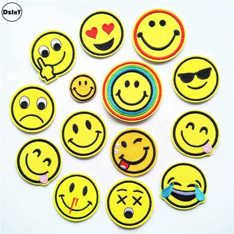 

13 PCS/LOT Cartoon Smile Face Parches Embroidery Iron on Patches for Clothing DIY Stripes Clothes Stickers Round Appliques @NN10