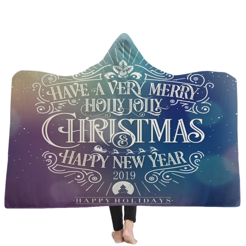 Рождество с капюшоном Одеяло шляпа флис удобные серии носимых толстым плюшем Одеяло Новый год плащ надеваемое покрывало